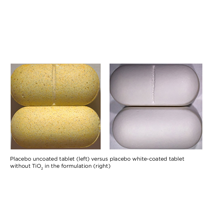 Placebo uncoated tablet versus placebo white-coated tablet without TiO2 in the formulation
